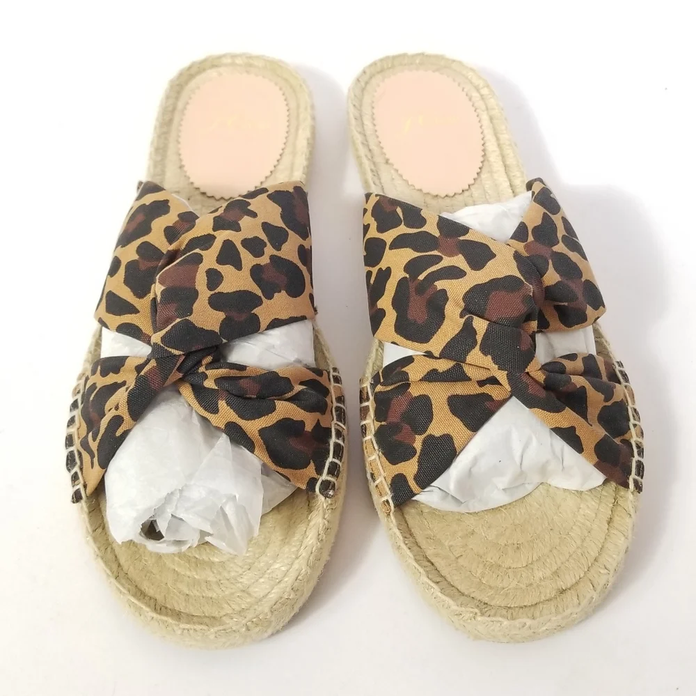 J.CREW Leopard Canvas Twisted Knot Espadrille Flats Sandal Sz 8.5 Cheetah Brown